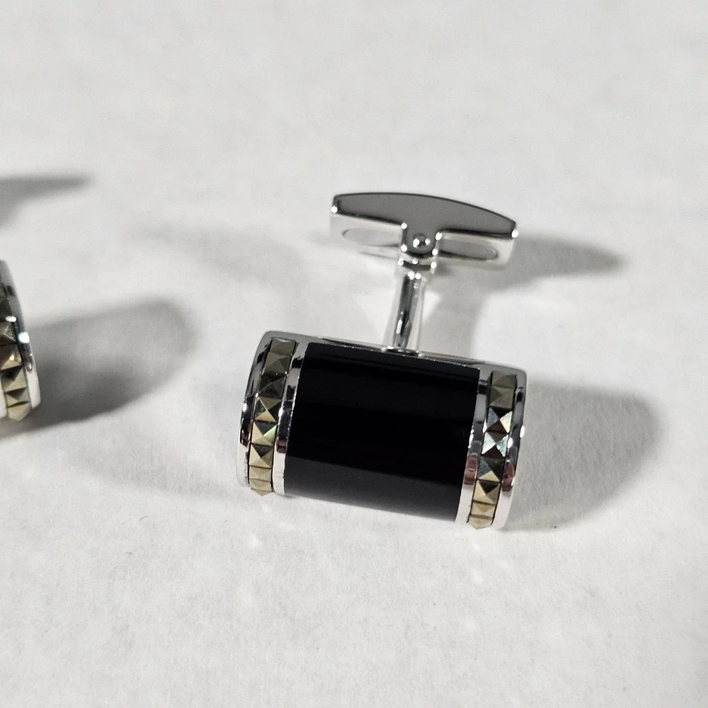 Jan Leslie Cufflinks Mens OS Black Onyx 925 Sterling Silver Pyramid Stud Barrel